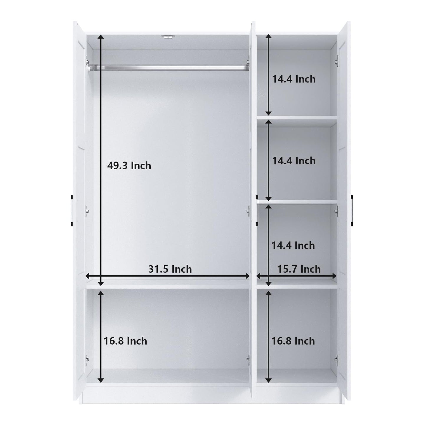 3 Doors Wooden Wardrobe Closet Armoire, White Storage Cabinet for Hanging Clothes, Bedroom Large Capacity Freestanding Armoire,Wood Wardrobe Combination with Shelves