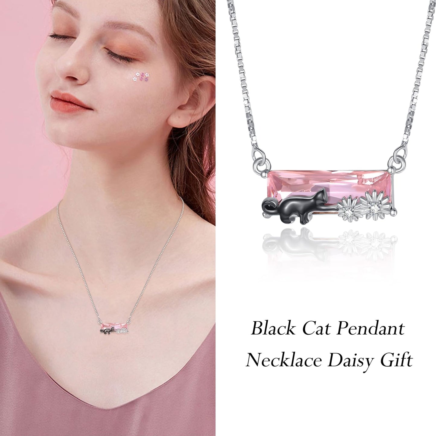 AENEAS Black Cat Necklace Sterling Silver Cute Animal Pendant Pink Crystal Birthday Jewelry Pet Daisy Gifts for Women Wife Her
