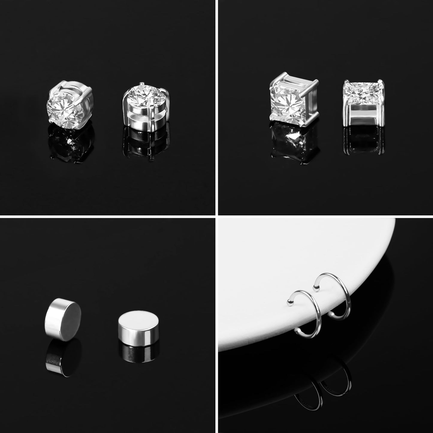 Trinckle Magnetic Earrings for Men and Women, 4 Pairs Clip on Earrings Silver Stainless Steel Studs Hypoallergenic Ear Cuffs Non Piercing Magnet Cubic Zirconia Studs Silver Jewelry