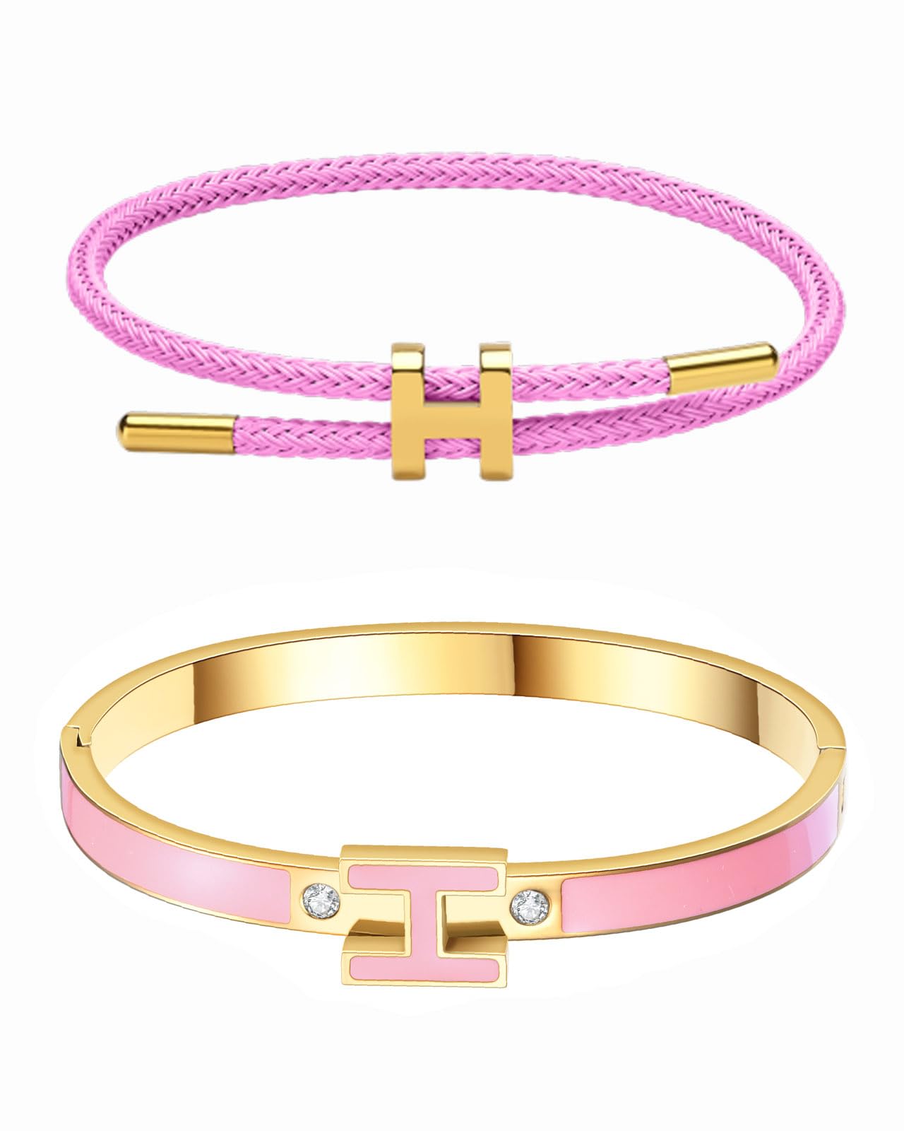 Hothink H Bracelets for Women,H Bangle and H Wire Rope Bracelet Set,Dainty Gold Bracelets Set for Christmas Mothers Day Gifts for Women (Gold-Pink)