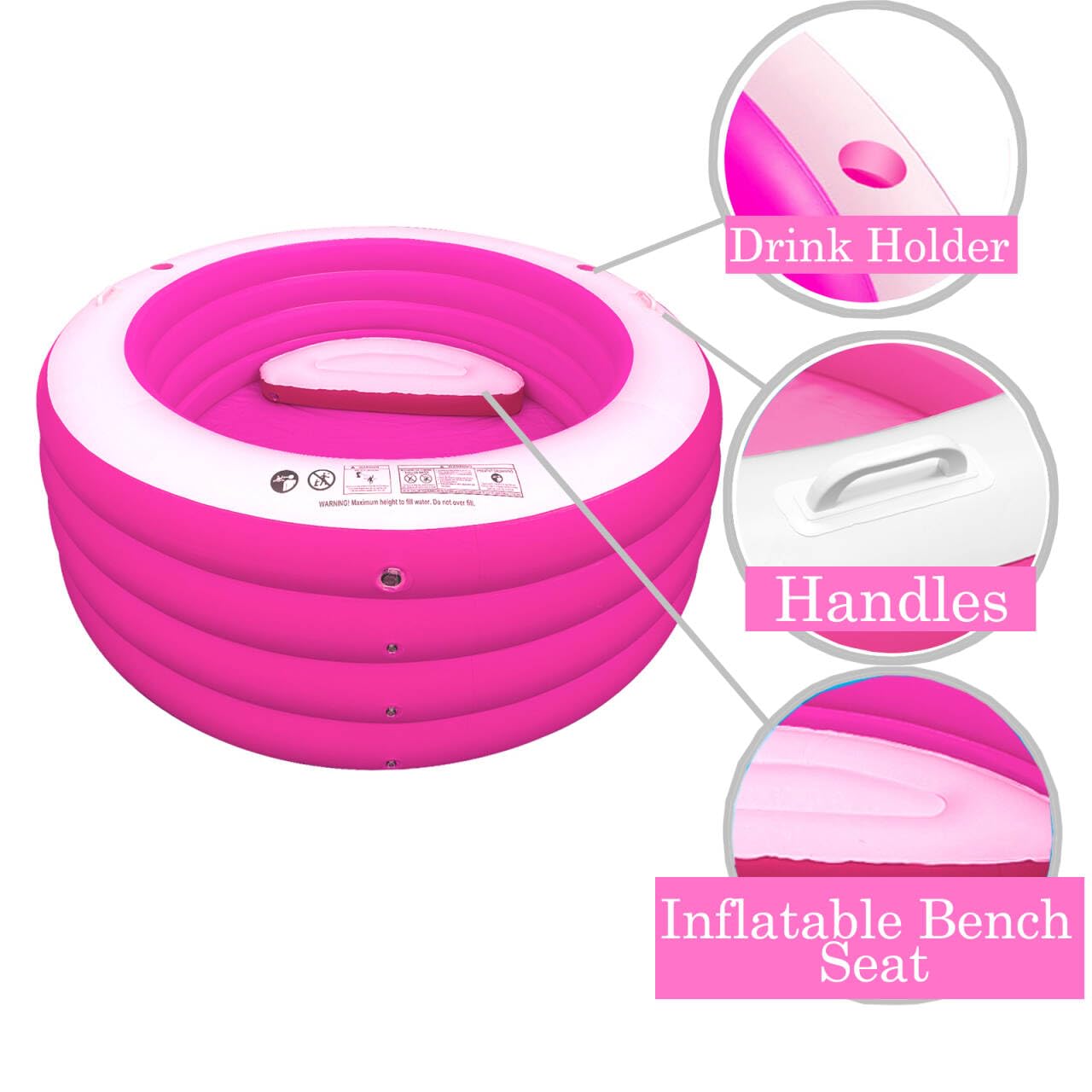 Inflatable Pool with Seating,Four-Tier 72” x 27”Inflatable Swimming Pool with Drink Holder Handles, Summer Family Water Park,Backyard Family Pool, Garden (Pink)