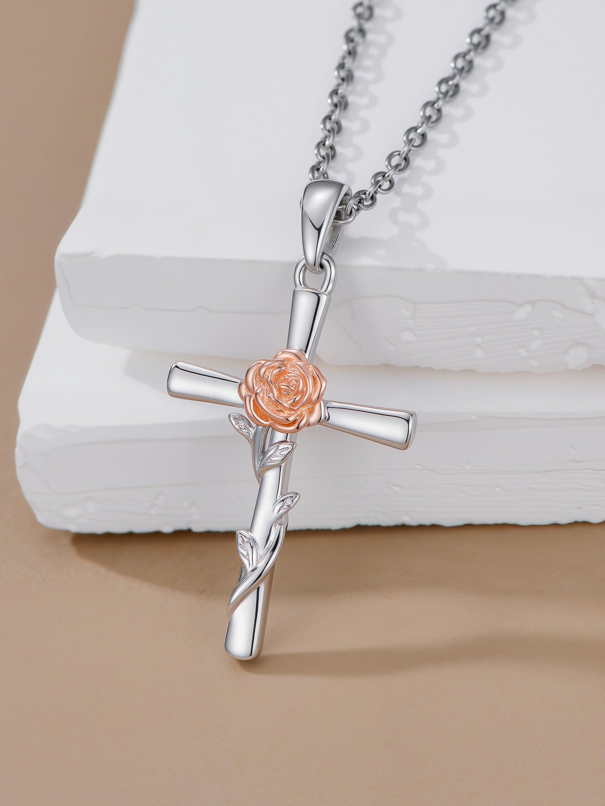 Cargari Rose Necklace for Women 925 Sterling Silver Rose Cross Pendant Birth Flower Cross Jewelry Floral Gifts for Women