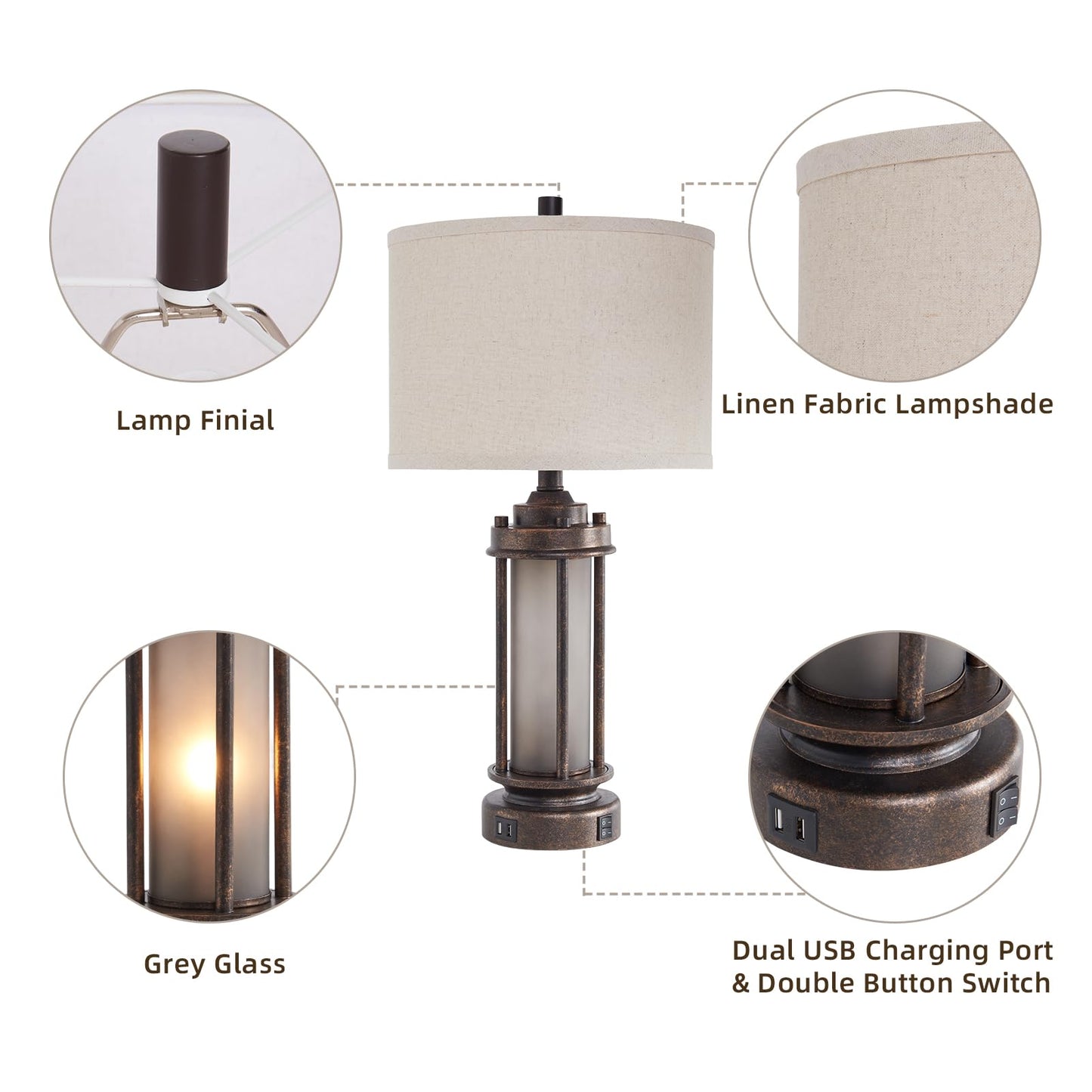 25'' Farmhouse Table Lamp with 2 USB Charging Ports, Rustic Vintage Nightstand Lamp with Frosted Glass Nightlight, Retro Desk Lamp for Living Room Bedroom End Table Entryway, 2 Bulbs Included