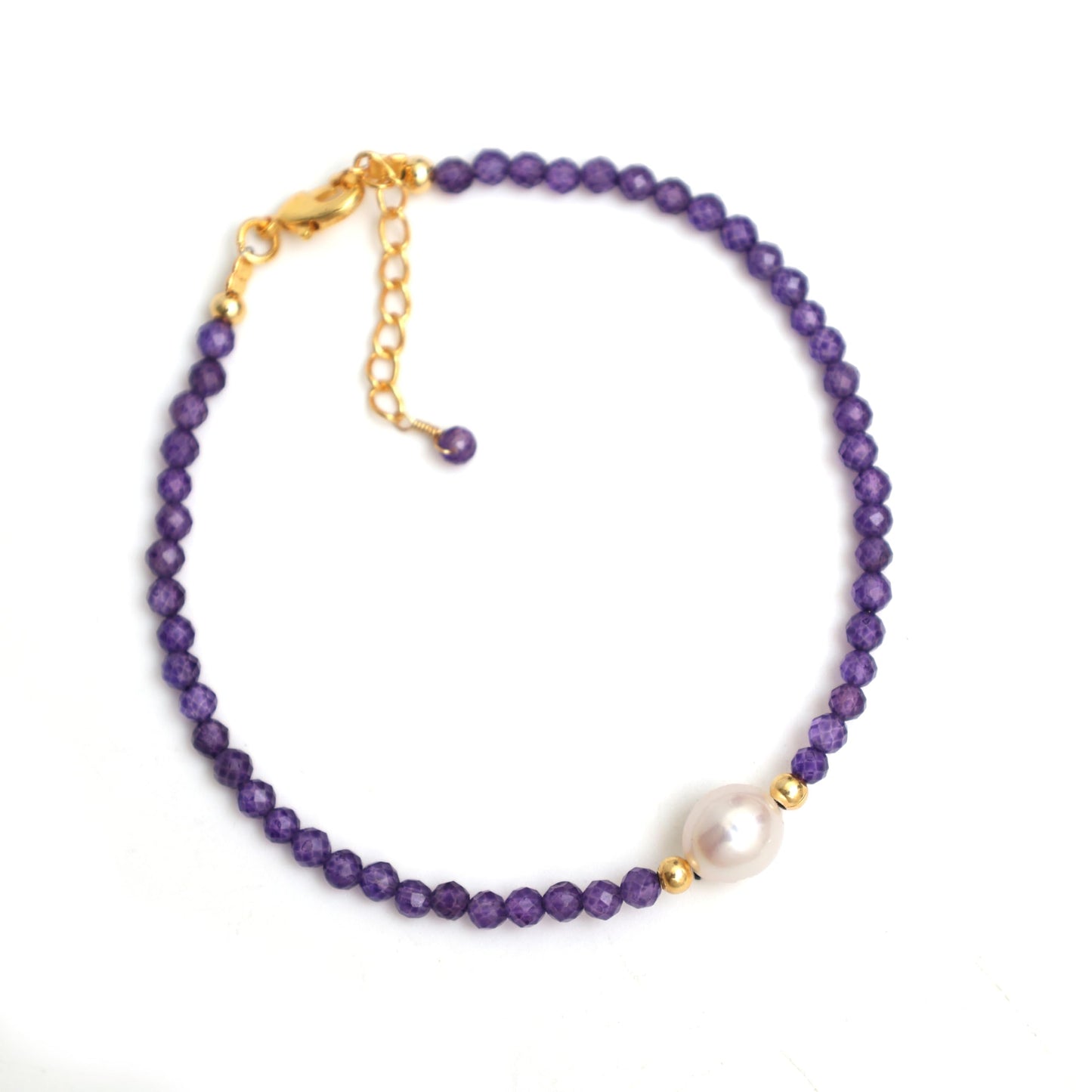 Gempires Amethyst Beaded Bracelet with Pearl Choker Crystal Jewelry Lightweight February Birthstone Gifts Hypoallergenic 7.5 Inch Gold Plated Trendy Fashion Everyday Wear Jewelry