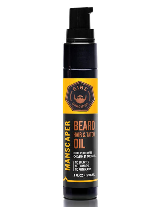 GIBS Grooming - Manscaper Beard, Hair & Tattoo Oil (1 fl oz) - Softens, Strengthens, Protects - Skin Moisturizer - Vitamin C - UV Shield - Travel Size - Beard Oil, Hair Care, Skin Care - Made in USA