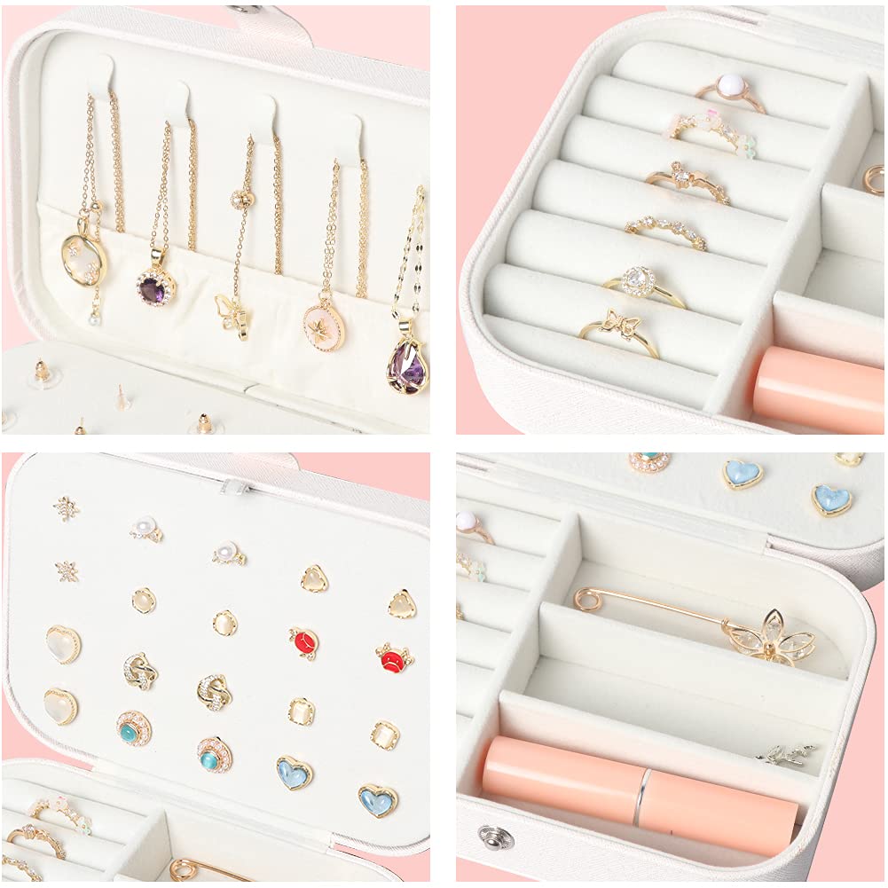 Travel Jewelry Box, Small Jewelry Organizer Boxes for Women Girls, 2 Layer Travel Jewlery Case, PU Leather Mini Portable Jewerly Storage Display Holder for Earrings, Ring, Necklaces, Bracelets - White