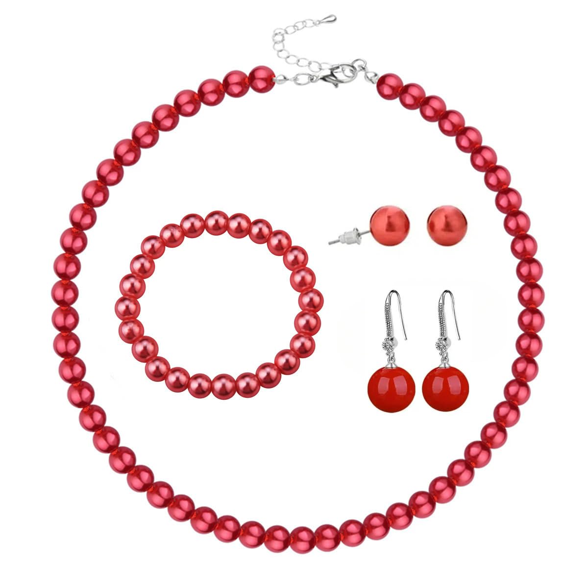 tenghong2021 Fashion Classic Faux Pearl Jewelry Set Necklace Bracelet Earrings for Women Best Gift (Red 4)