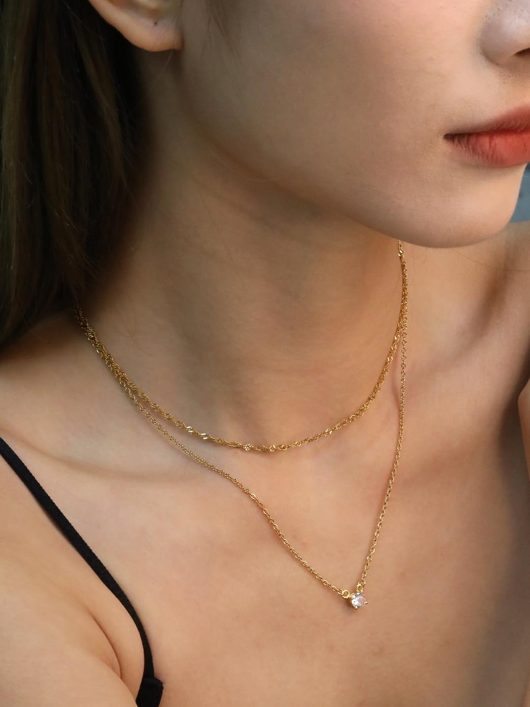 LUXU kisskids 2-Piece Layered Necklace for Women, Dainty Choker & CZ Pendant Necklace, 14K Gold Plated Stainless Steel, Adjustable Trendy Jewelry Gift Set