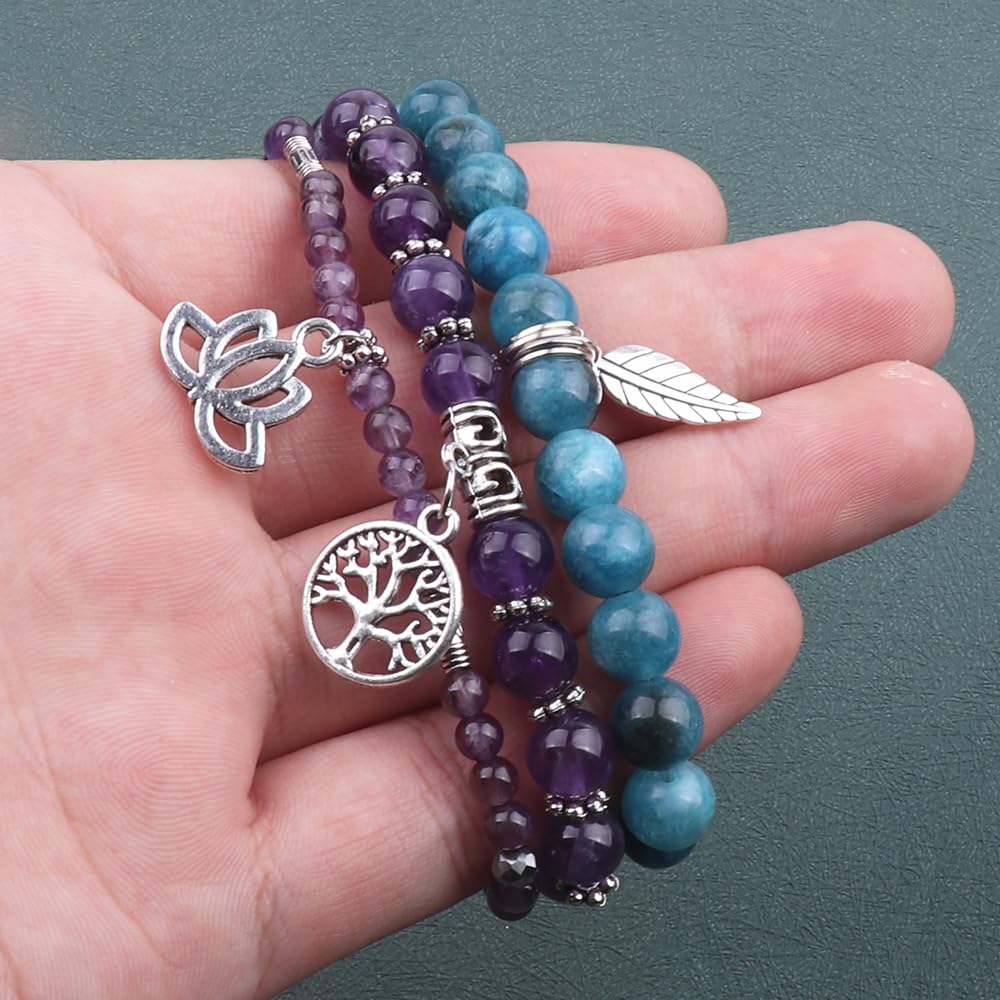 UEUC Tree of Life Yoga Healing Stone Bracelets, Multilayer Lotus Chakra Stone Reiki Bracelet Sets, Anxiety Crystal Natural Stone,for Women Stress Relief(#142)