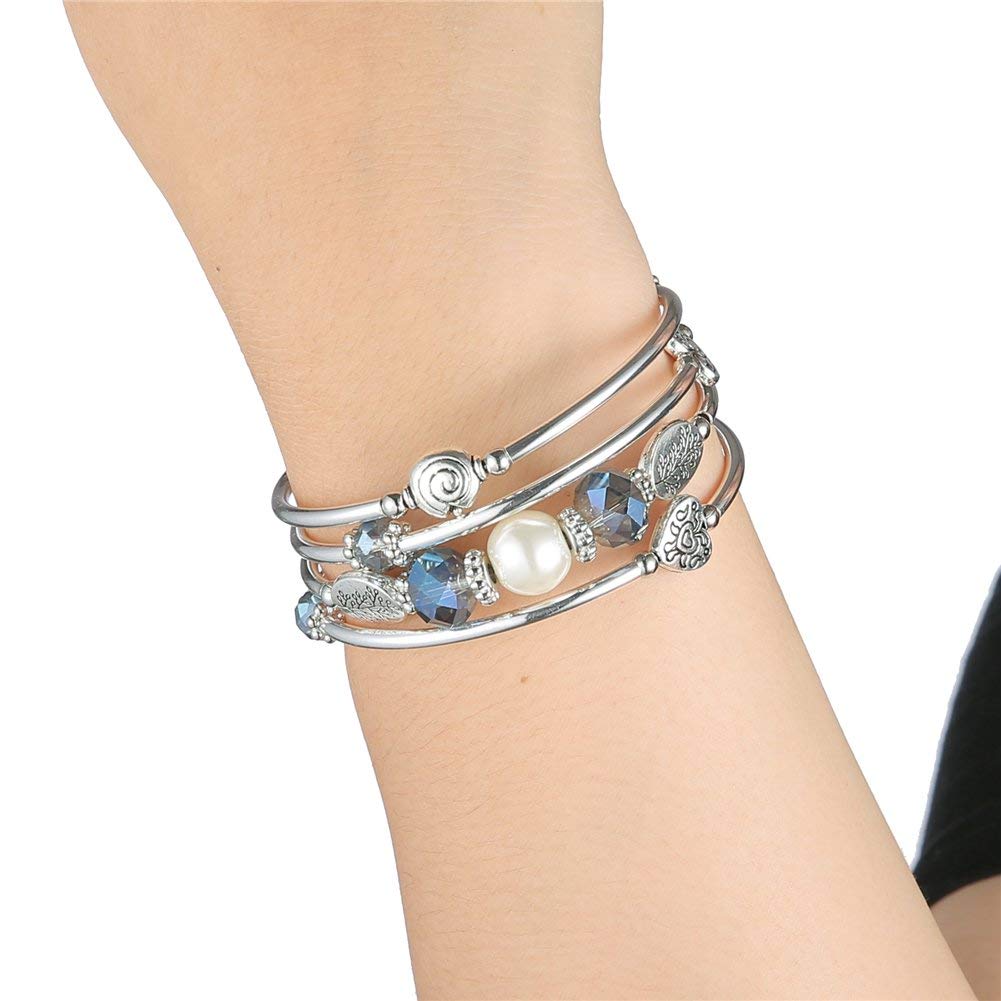 PEARL&CLUB Bead Crystal Wrap Bangle Bracelet - Fashion Jewelry Beaded Bracelet with Silver Metal, Gifts for Women(92-Blue)