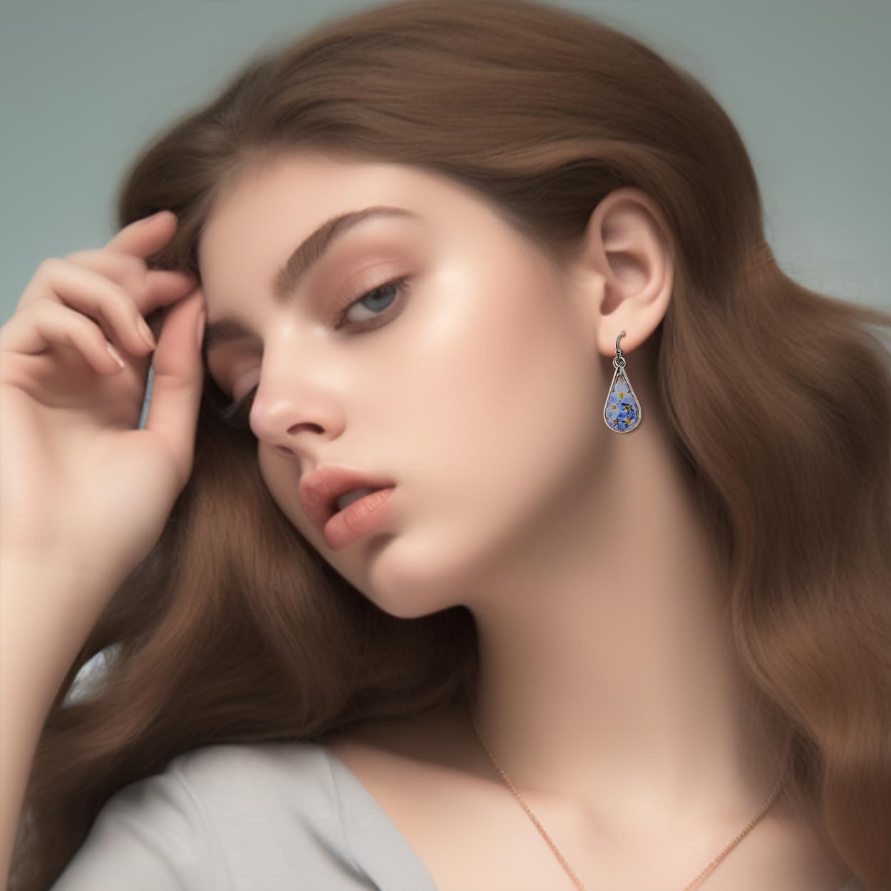 JeanBeau Handmade Pressed Flower Earrings for Women, Forget-Me-Not and Queen Anne's Lace Wildflower Resin Blue Nature Dried Teardrop Dangle Drop Statement Floral Earings Fashion Jewelry Gift