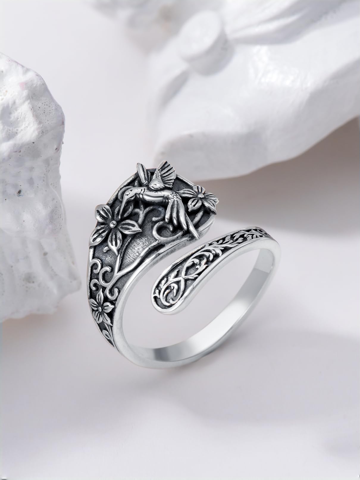 Midari Hummingbird Spoon Rings Sterling Silver Hummingbird Ring for Women Bird Ring Adjustable Hummingbird Thumb Rings Vintage Open Ring Hummingbird Jewelry for Women(Customization)