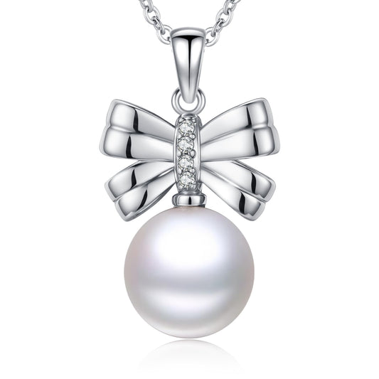 13 mm Bow Pearl Necklace 925 Sterling Silver Jewelry 5A Cubic Zirconia Pendant Necklace Gifts for Mom Women Girlfriend Grandma Lover Her Wedding Birthday Anniversary Engagement Valentine's Day