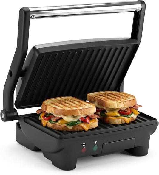 Elite Gourmet EPN-2976 2-in-1 Nonstick Panini Press & Indoor Grill, Opens 180-Degree Gourmet Sandwich Maker, Floating Hinge Fits All Foods, Contact Grill with Removable Grease Tray, Stainless Steel