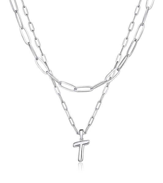 adoyi Silver Initial Necklace for Women 14k Gold Plated Layered Bubble Letter Necklaces Trendy Jewelry Chain Name T Pendant Necklace Stack Birthday Valentines Gifts