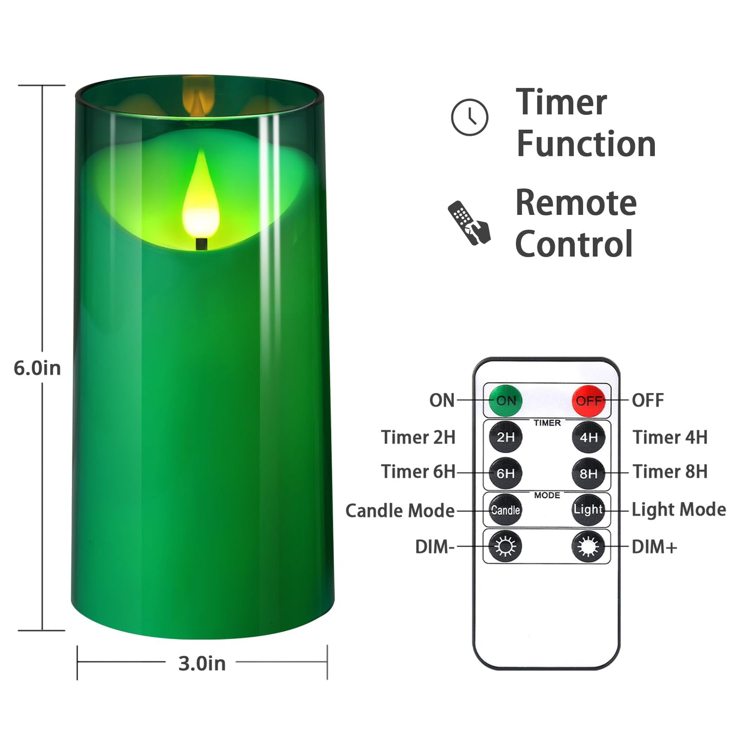 NURADA 3"x6""Flickering Flameless Candles: 3D Wick Acrylic Battery Operated LED Pillar Candles with Remote and Timer for St. Patrick's Day Home Holiday Forest Christmas Party Table Decor - Green"