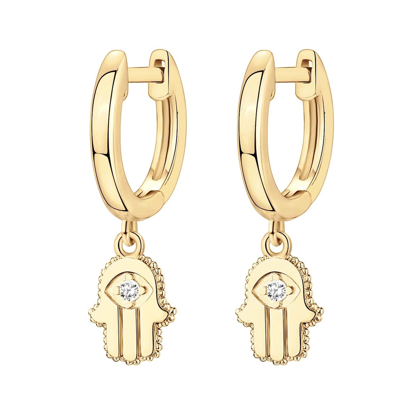PAVOI 14K Yellow Gold Plated 925 Sterling Silver Post Good Luck Dangle Huggie Hoop Earrings For Women - Trendy Hamsa Drop Hoop Earrings - Cubic Zirconia Small Hinged Huggies