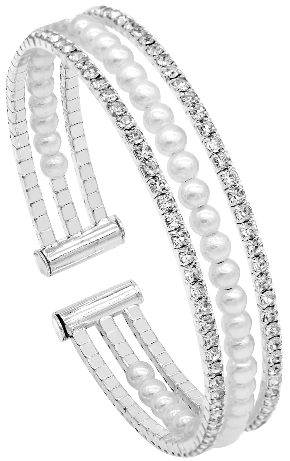 Tidefire Rhinestone Tennis Cuff Bracelet for Women Crystal Bridal Bangle for Prom Wedding Party Dating (1308 Silver)