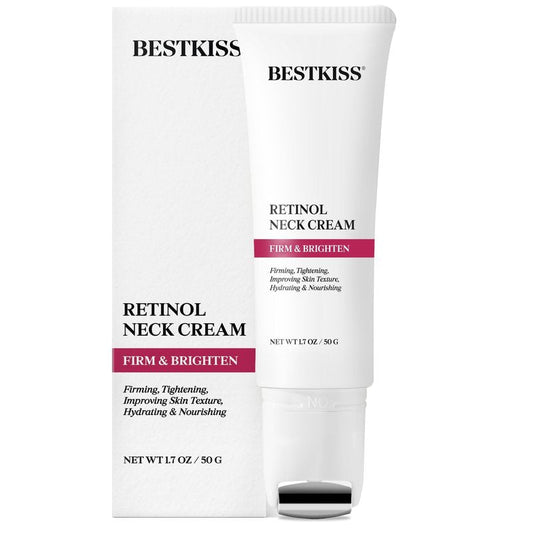 Bestkiss Neck Cream for Tightening and Firming: Hydrates, Lifts & Smoothes with Cooling Massaging Roller Applicator - with Retinol, Niacinamide & Hyaluronic Acid for Face, Neck & Chest, 1.7 OZ/50g