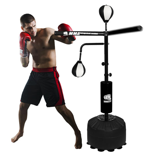 82IN Boxing Speed Trainer - Featuring Punching Bag Spinning Bar, Training Boxing Ball with Reflex Bar, Adjustable, and Suitable for Adults (Black White)