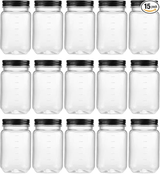 novelinks 16 oz Clear Plastic Jars with Lids, Refillable 16oz Mason Jars with Lids & Storage Containers for Kitchen & Household Use (15 Pack,Black)