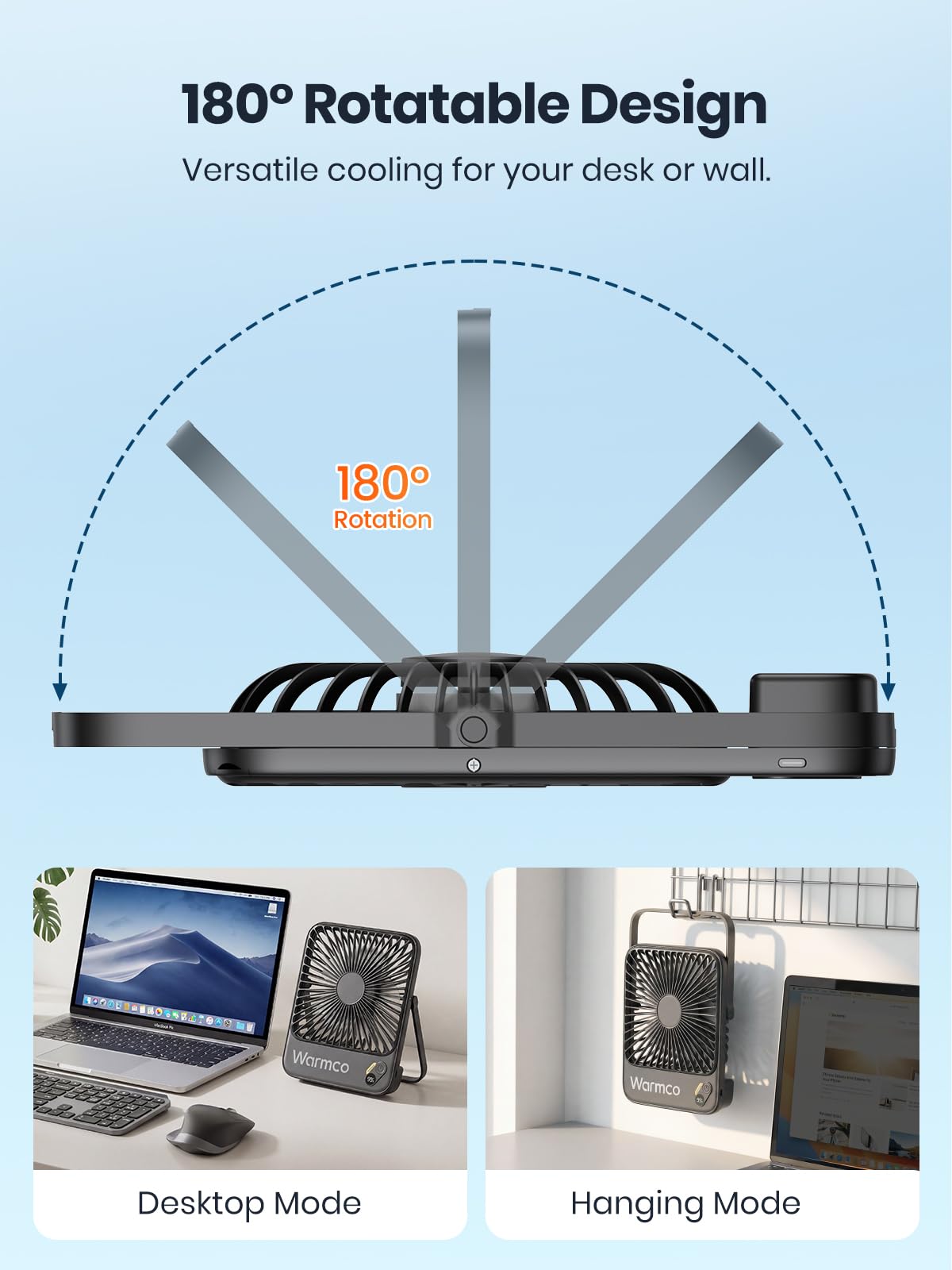 Warmco 10000mAh Portable Travel Fan 7-inch, Max 24H Runtime, Ultra-thin Quiet Rechargeable Battery Operated Desk Fan with Digital Display for Camping, Office, Bedroom, Cruise Essentials