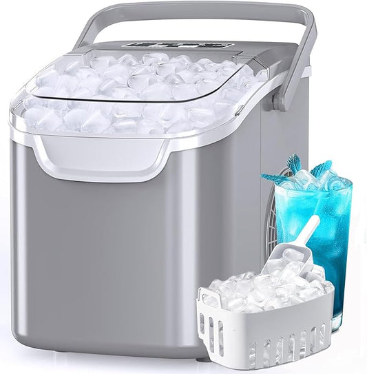 Countertop Ice Maker Machine, Portable Compact Small Bullet Ice Maker with Self Cleaning Function Makes 8 Cubes in 6 Minutes, Up to 26lbs in 24 Hours, Ideal for Camping Dorm Home Outdoor Use (Grey)