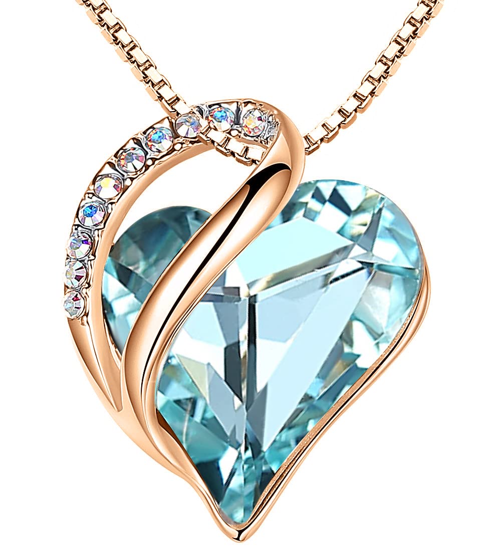 Leafael Gifts for Women Rose Gold Plated Necklaces: Heart Light Blue Crystal, March Birthstone, Hypoallergenic Chain (18"+2"), Birthday Jewelry for Mom, Wife, and Girlfriend