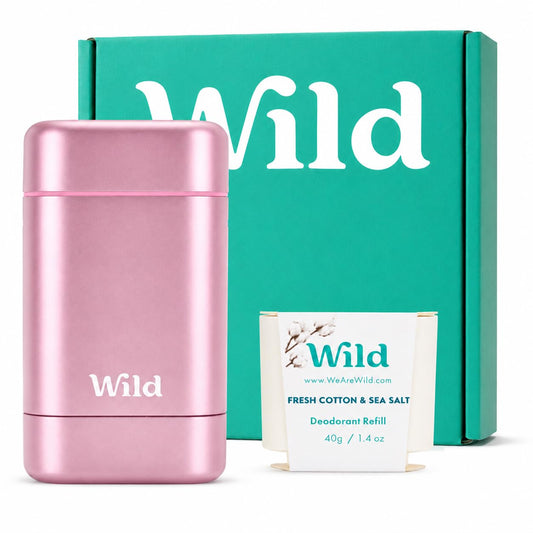 Wild Aluminum Free Natural Deodorant Starter Kit - Refillable Pink Case - Natural Ingredients & 24 Hour Odor Protection - Women's - Fresh Cotton and Sea Salt Scent - Case + 1 Refill