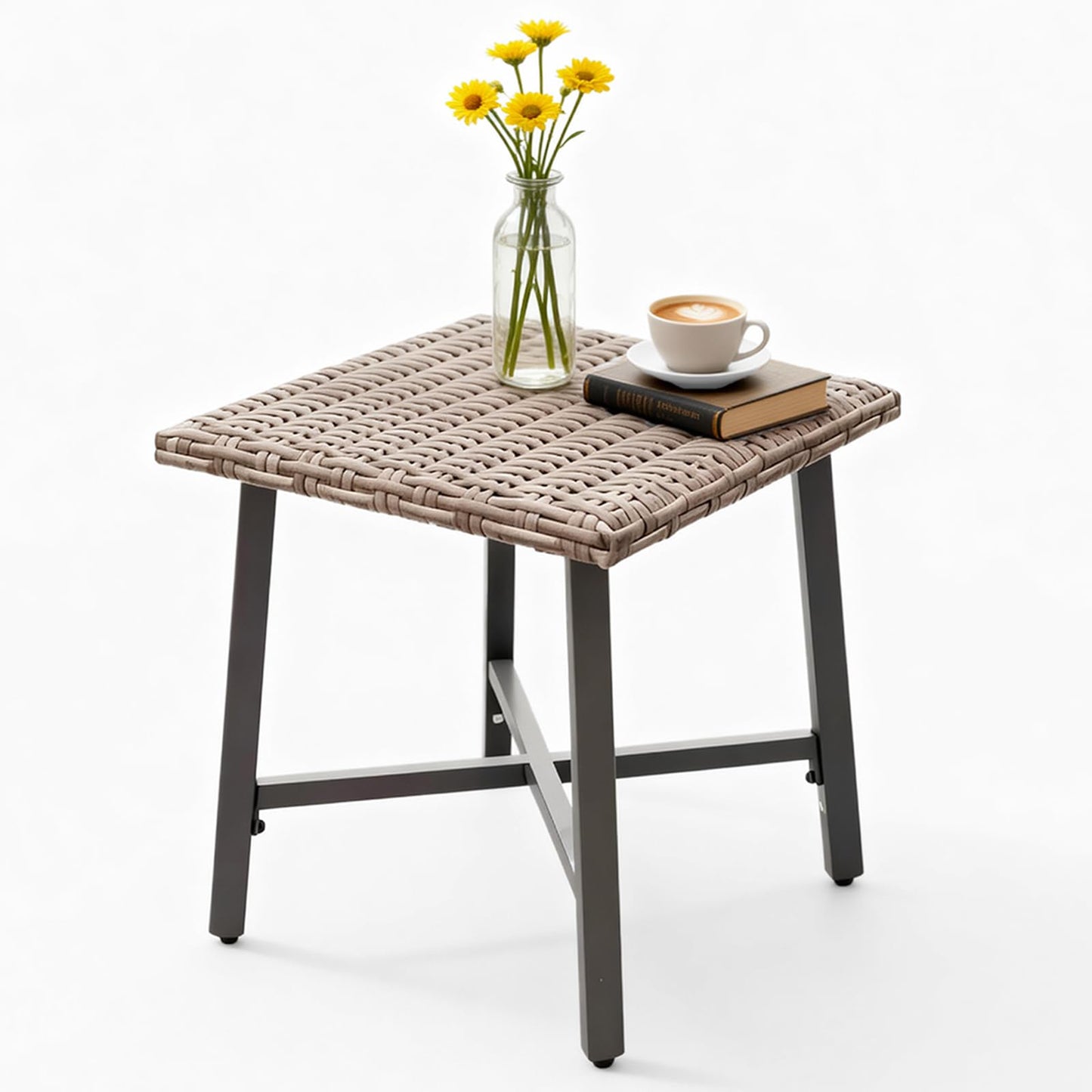 MOLIBYME Outdoor Wicker Side Table,Small Square End Table, Patio PE Rattan Side Table Adopt Sturdy Galvanized Steel Frame for Balcony Porch Deck (Brown)