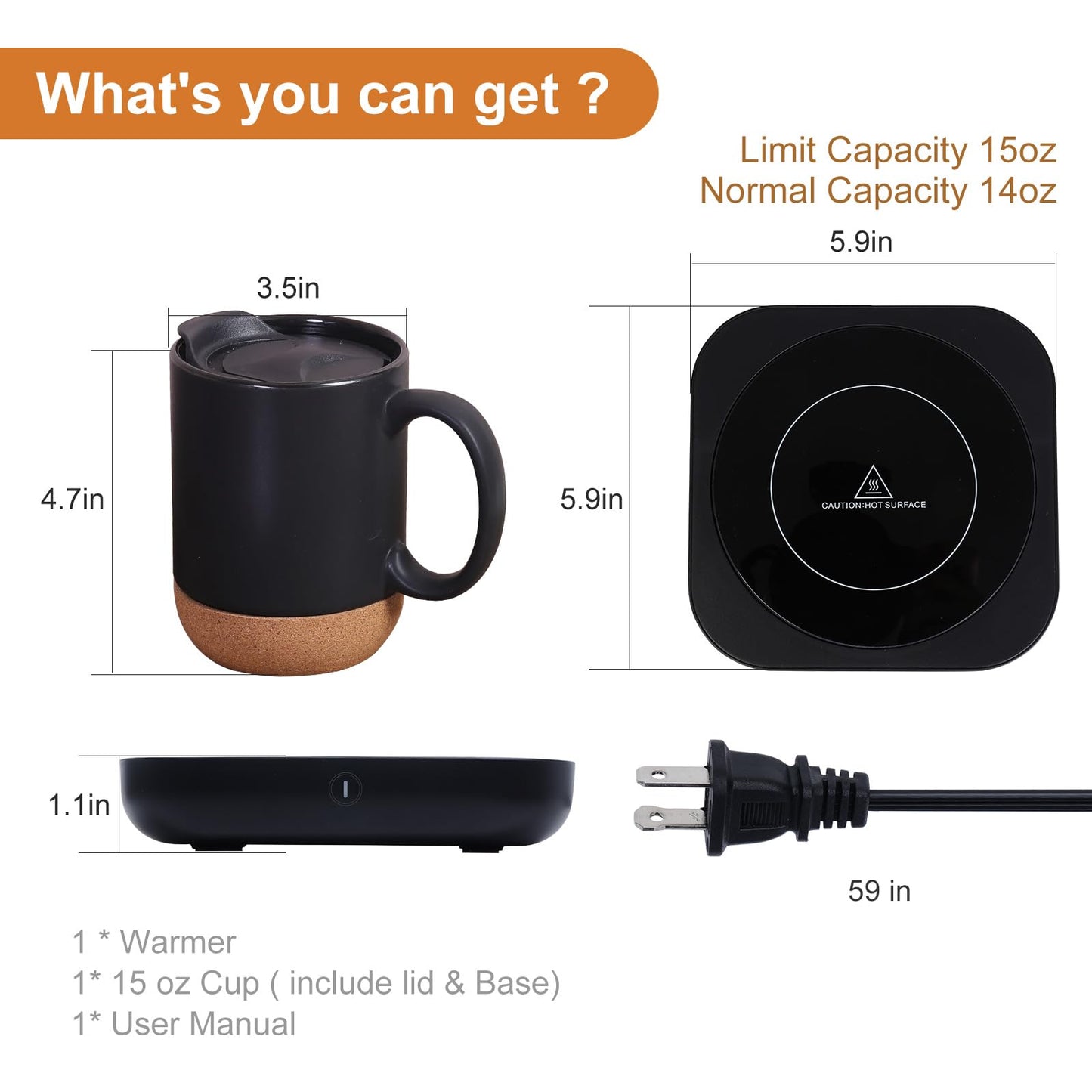 Coffee Mug Warmer & Mug Set for Desk, Electric 36W Coffee Cup Warmer with 15oz Ceramic Mug. Smart Coffee Cup Heater with Auto Shut Off/3 TEM for Heating Beverage, Candle,Coffee Lovers‘ Gifts,Black