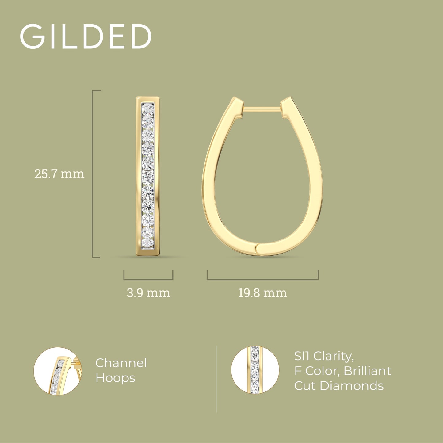 Gilded 1 Carat Total Weight Lab-Grown Diamond Channel Set Hoop Earrings for Women in 14KT Gold Plated Sterling Silver | Hypoallergenic Fine Jewelry | Bottom Hinged Closure | SI1 Clarity, F Color