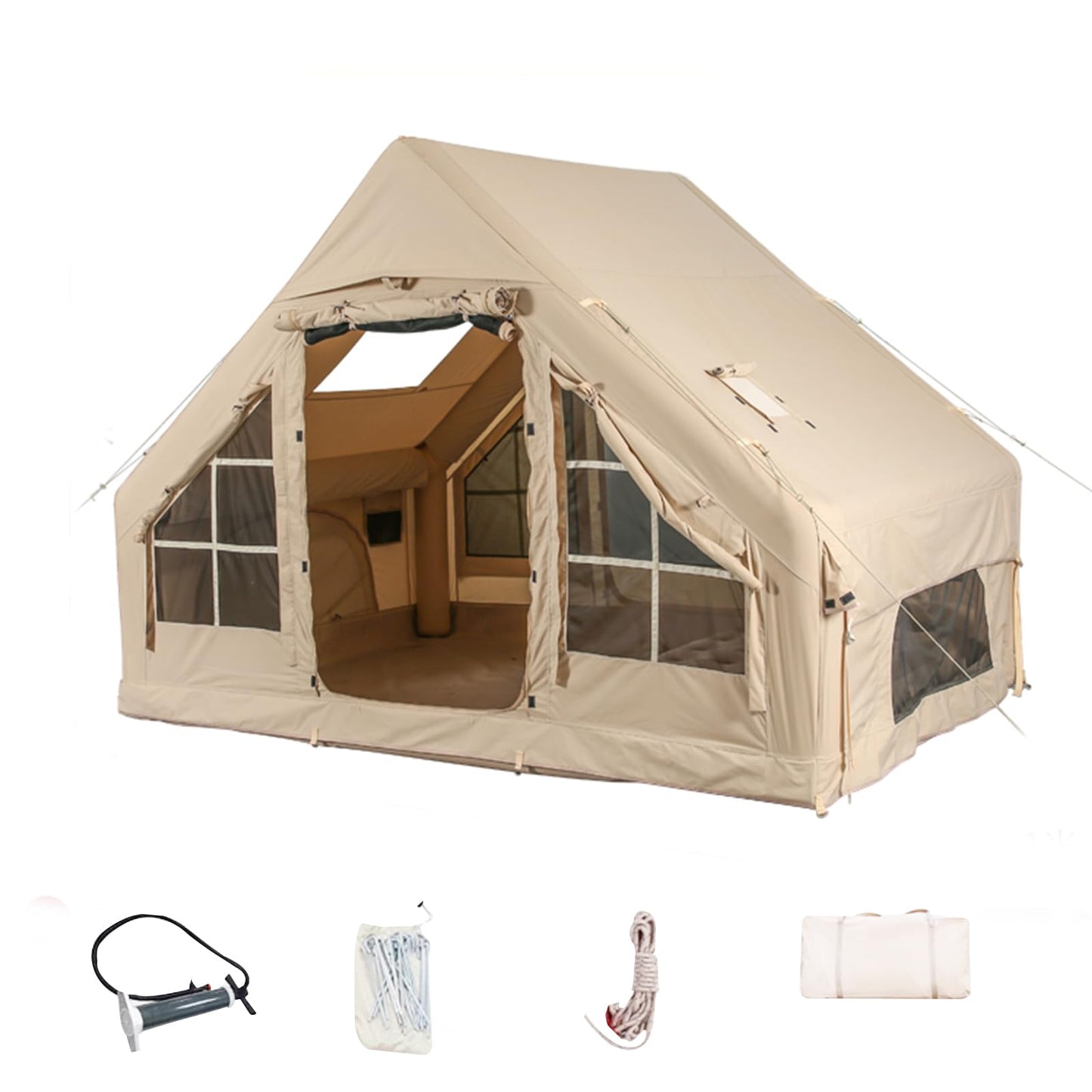 Inflatable Camping Tents with Hand Pump, Air Glamping Tents, Easy Setup Waterproof and Windproof Blow up Tent, 4 Seasons Oxford Cabin Tent with Mesh & Chimney Window. (10 * 6.9ft)