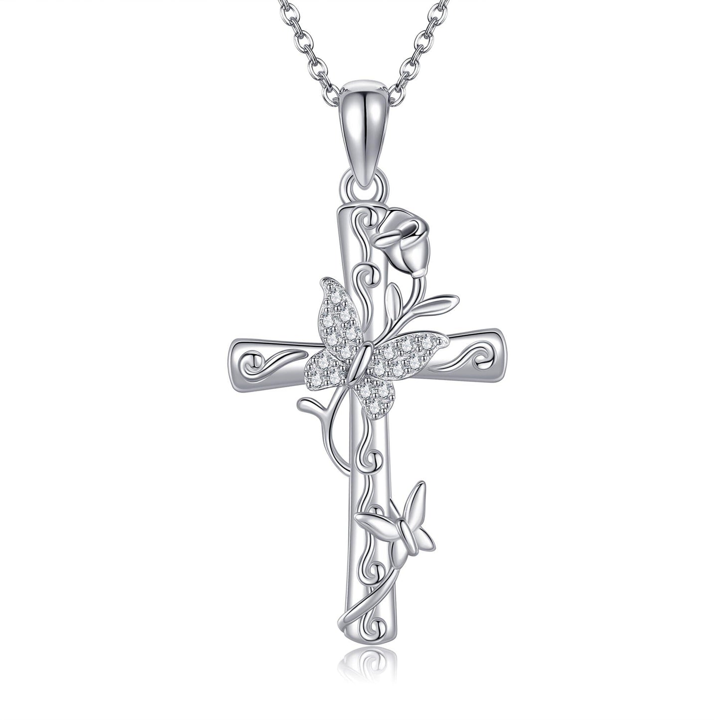 AXOMY Butterfly Necklace for Women 925 Sterling Silver Cross Butterfly Pendant Rose Necklace Cross Jewelry Gifts for Mom Wife