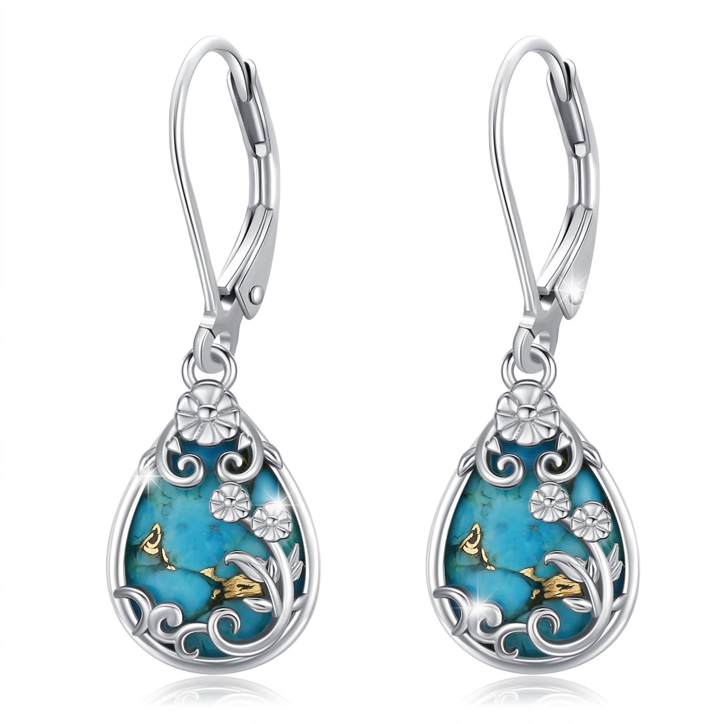 Eetaitai Natural Turquoise Earrings 925 Sterling Silver Pear Leverback Turquoise Earrings Blue Vintage Native American Western Jewelry Women Flower Dangling Earring Mothers Day Gifts for Mom Wife Sister