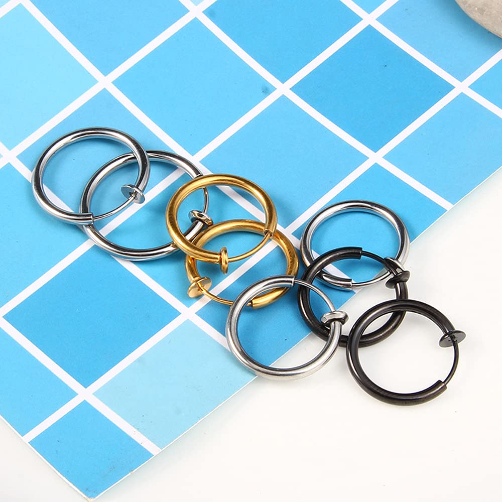 14 Pcs Black Punk Stainless Steel Fake Piercing Spike Rivet Cross Triangle Dangle Tassel Clip on Hoop Earrings Set for Women Men, Non Pierced Fake Stud Earrings (Black-Set A)