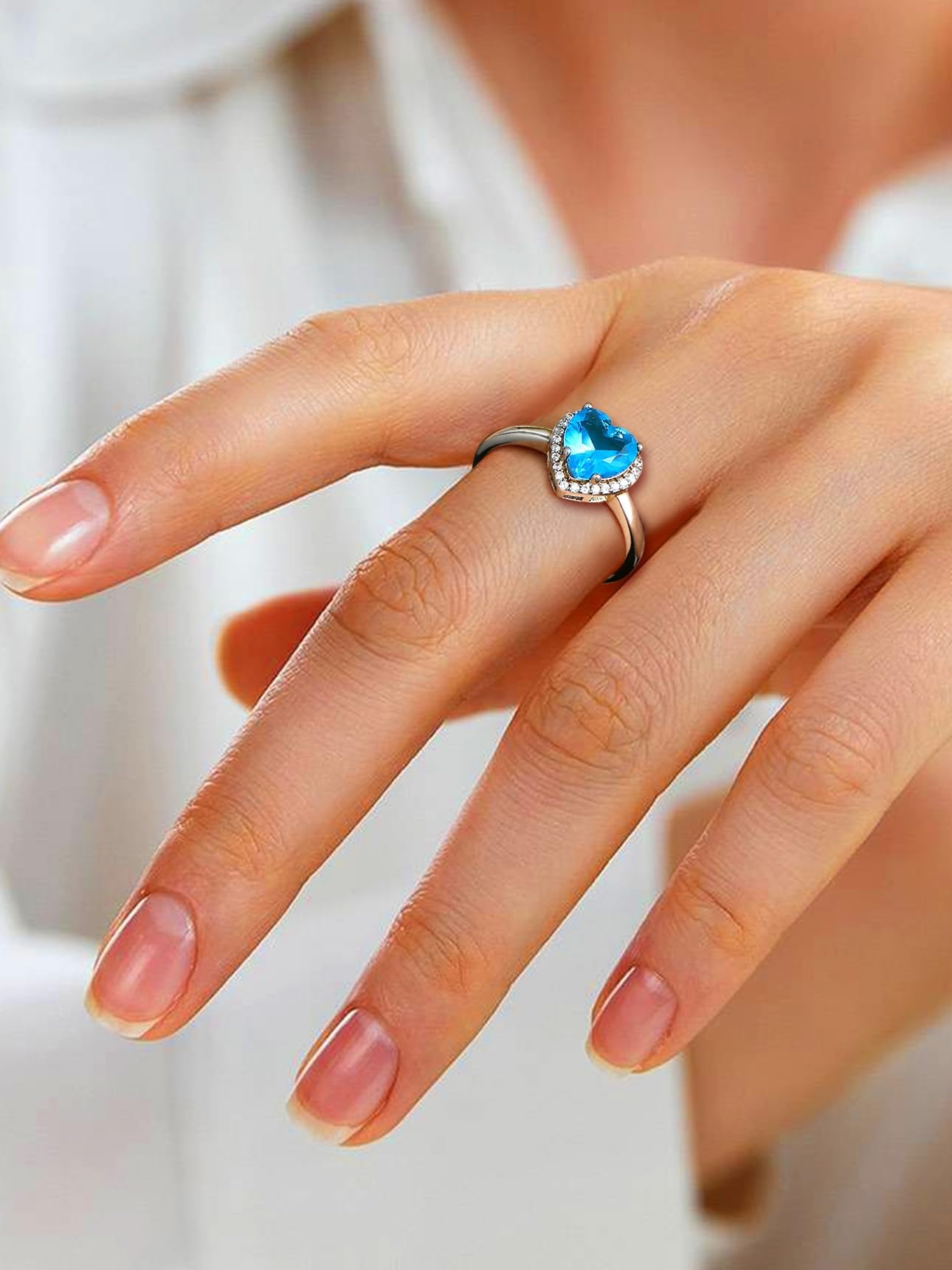 Bestyle CZ Heart Diamond Rings 5mm December Blue Topaz Birthstone Solitaire Rings, 925 Sterling Silver Rings Jewelry Gift for Wedding Anniversary Birthday