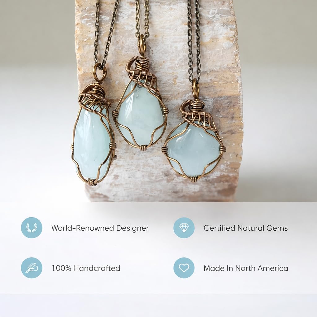 Designs by Nature Gems Natural Aquamarine Necklace for Women | March Birthstone Necklace for Women | Designer Pendant Necklace | 40-60 Carat Aquamarine, Antique Bronze Chain