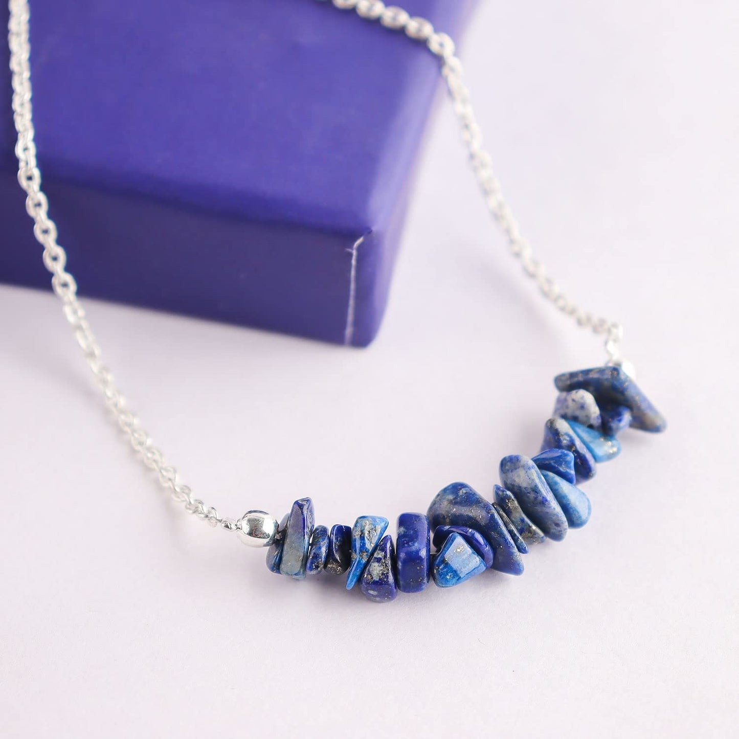 Gemimpression Handmade Lapis Lazuli Chips Bar Bracelet – Natural Energy Healing Crystals – Silver Plated Adjustable 8 Inch Chain – Gift for Her – Christmas Gift