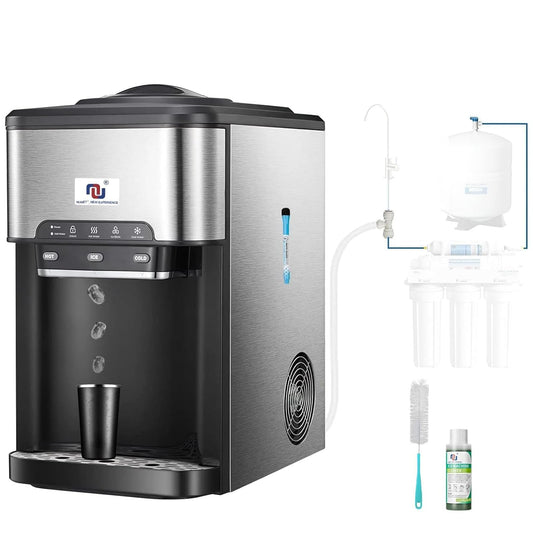 NUNET 3-in-1 Ice Maker Water Dispenser Water Cooler Filled by Water Line w. 10ft Water Inlet Hose 1/2" &1/4" Connector Hot/Cold Water Ready Makes 44 lbs Ice Daily Stores 4lb Ice