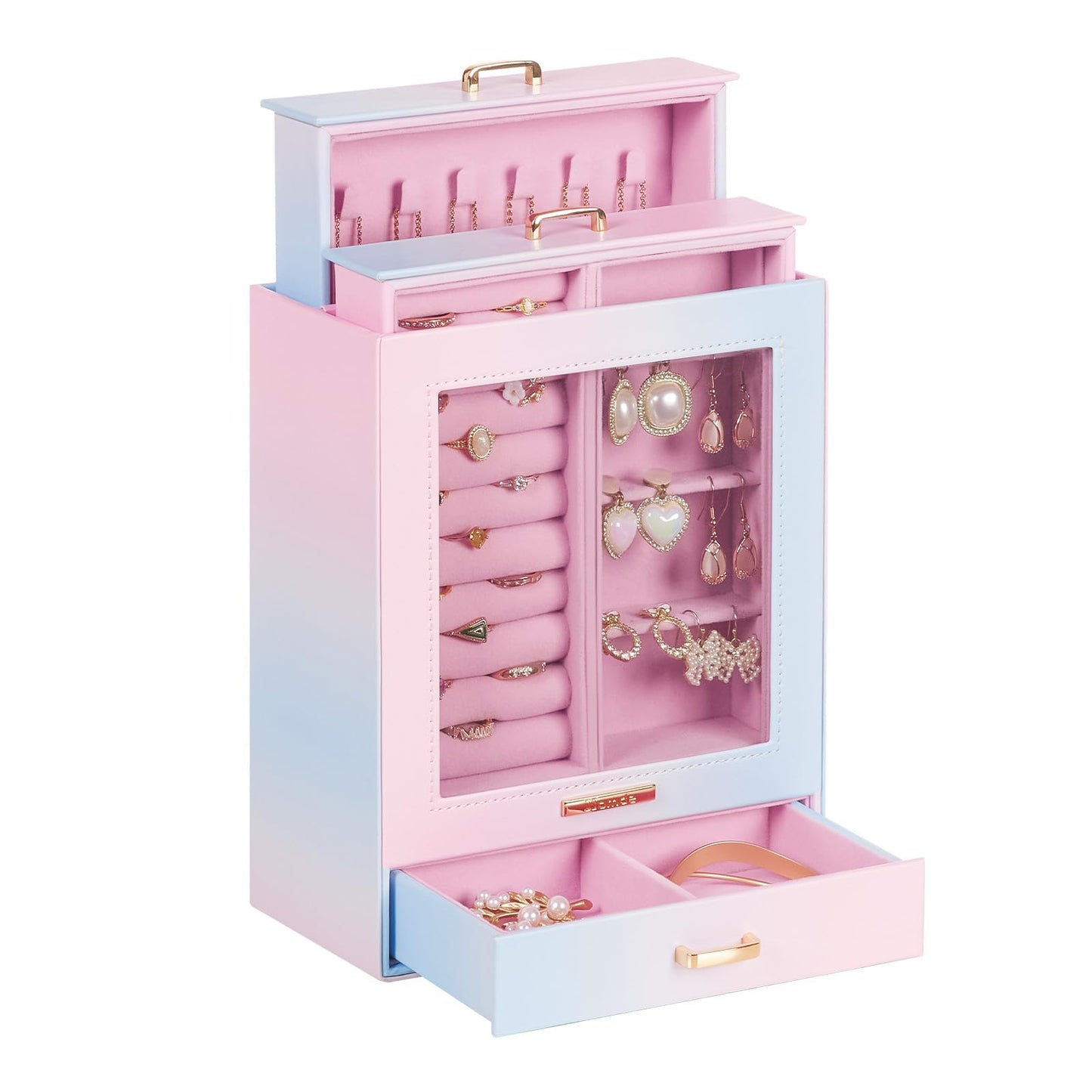 Homde Jewelry Organizer Girls Women Jewelry Box for Necklaces Rings Earrings Gift Bracelets Storage Case (Blue - Pink Gradient + Gold)