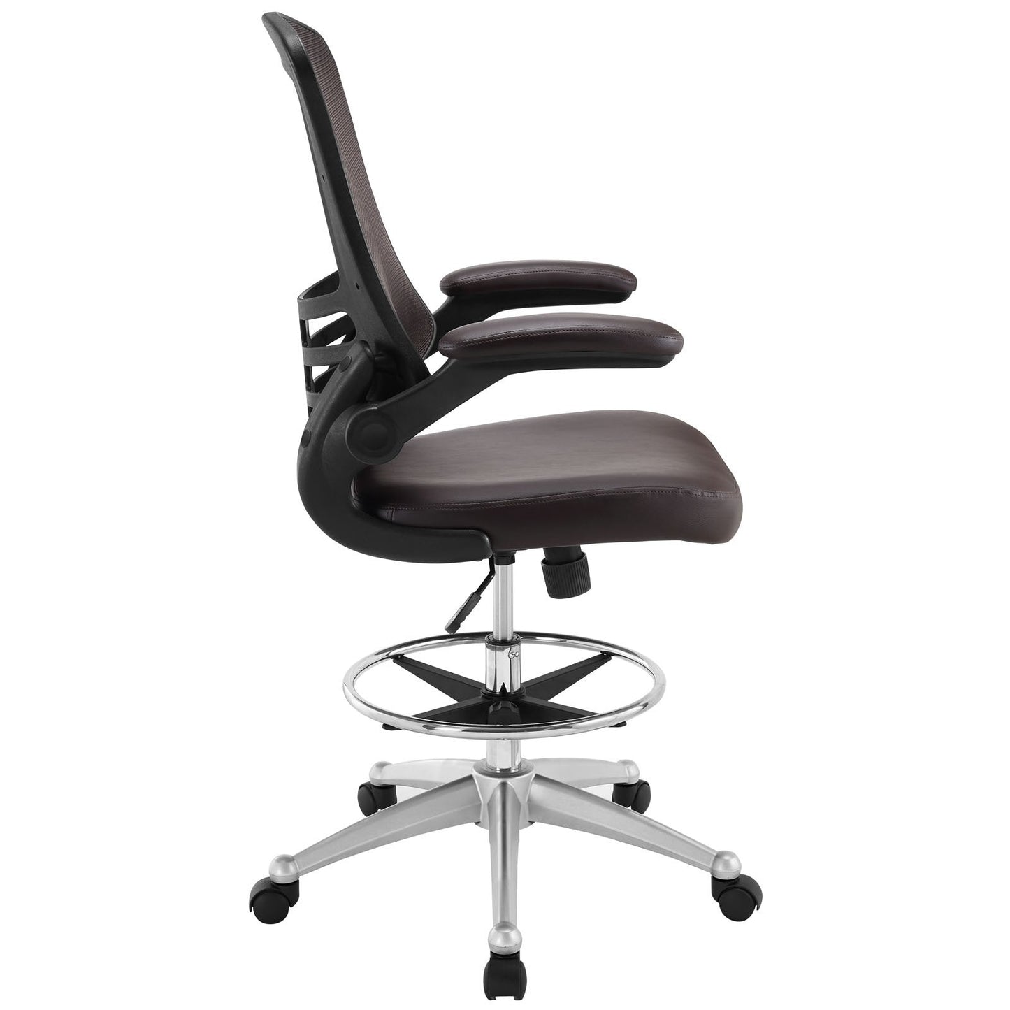 Modway Attainment Vinyl Drafting Chair - Drafting Stool With Flip-Up Arm in Brown