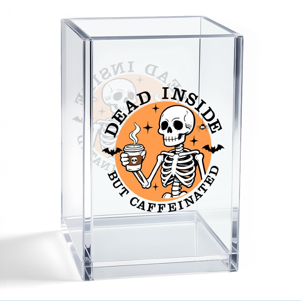 WHTYEFZ Dead Inside But Caffeinated Acrylic Organizer Pencil Pen Holder, Skeleton Coffee Acrylic Desk Organizer, Funny Office Gifts for Coffee-Addicted Coworker Boss, Dark Humor Gifts for Student