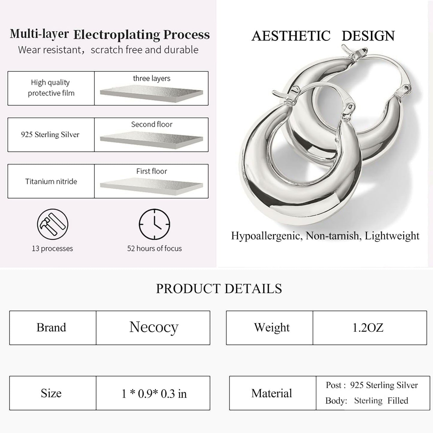 Necocy Silver Hoop Earrings for Women, Chunky Silver Earrings 925 Sterling Silver Plated Twisted Hoop Hypoallergenic Large Thick Hoops Aesthetic Jewelry for Women