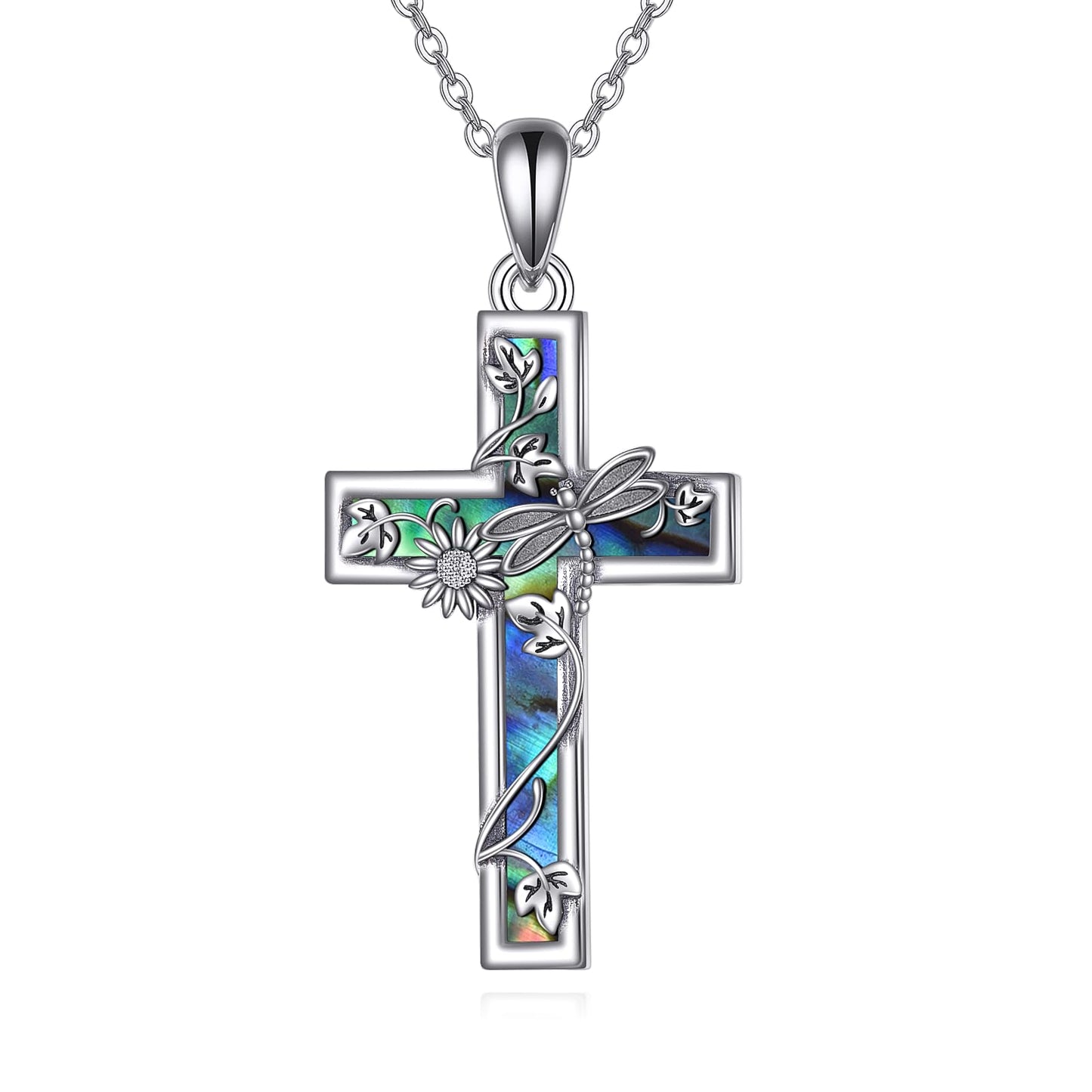 YFN Sunflower Cross Necklace Sterling Silver Dragonfly Cross Pendant Abalone Shell Jewelry Religious Christian Baptism Gifts for Her Women