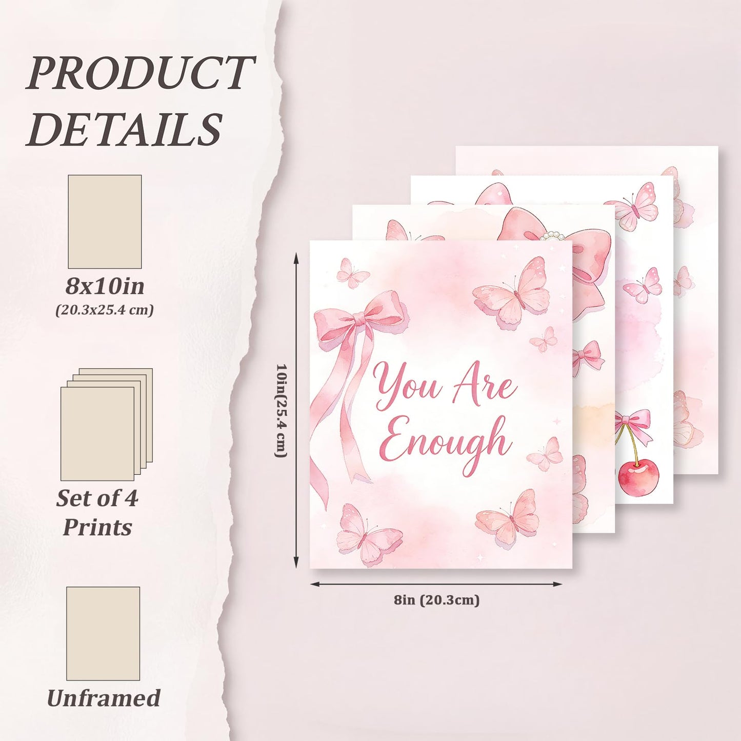 SJUDHHG Dorm Room Decor for Girls, Pink Bow & Cherry Posters, Aesthetic Prints, Ideal Birthday Graduation Gift for Girls, Cute Wall Art for College Apartment Bedroom Living Room Dorm, 8 x 10 inch Set of 4 (Unframed)