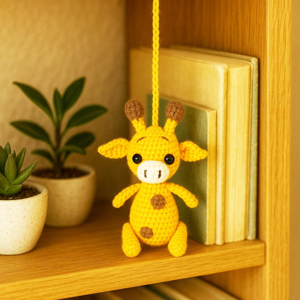 Giraffe Handmade Crochet Car Mirror Hanging Ornament – Cute Home Charm, Amigurumi Animal Decor for Car, Backpack, Nursery, Desk – Gift for Animal Lovers