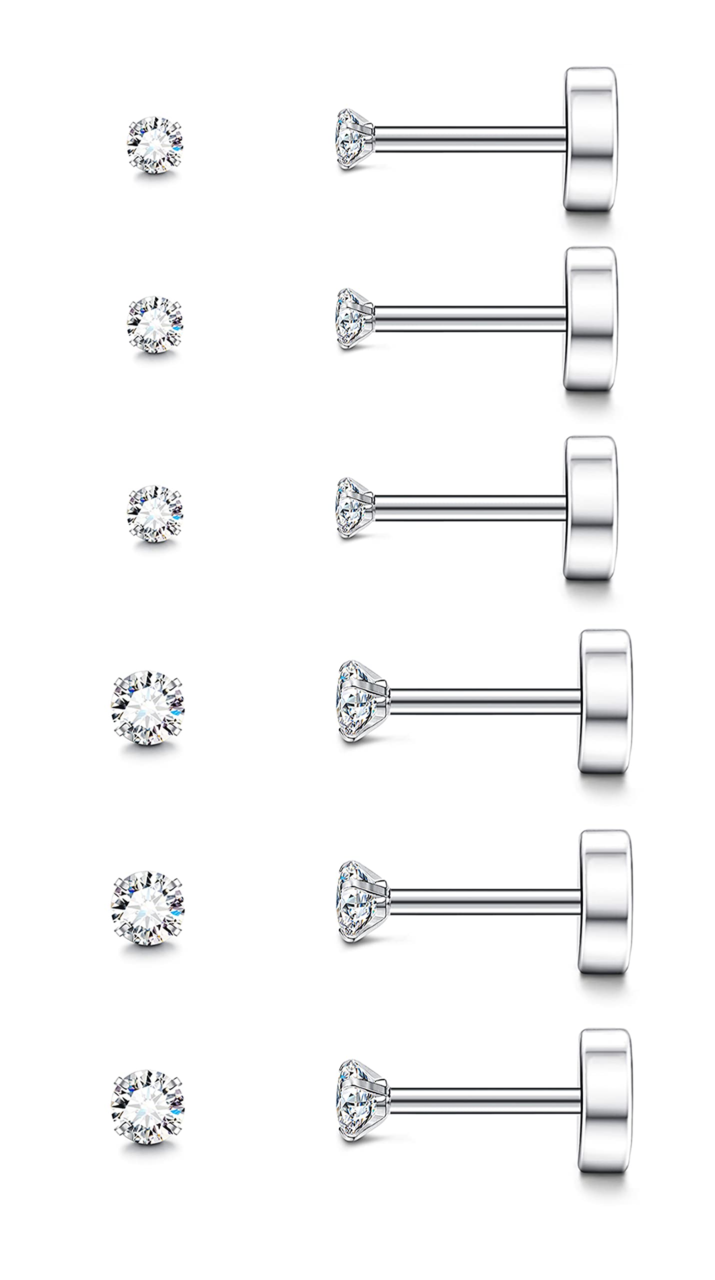 Fansilver 20G Hypoallergenic Flat Back Earrings for Women Men Silver 14K Gold Stainless Steel Stud Earrings Brithstone Cubic Zirconia Studs Surgical Steel Cartilage Earrings for Sensitive Ears
