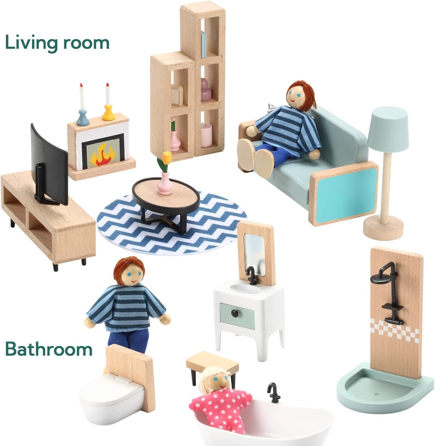 Giant bean 36pcs Wooden Dollhouse Furniture Set 5 Rooms 4 Family Dolls, Wood and Plastic Blue Dollhouse Accessories, Pretend Play Furniture Toys Christmas Birthday Gift for Boys Girls Kids Toddlers 3+