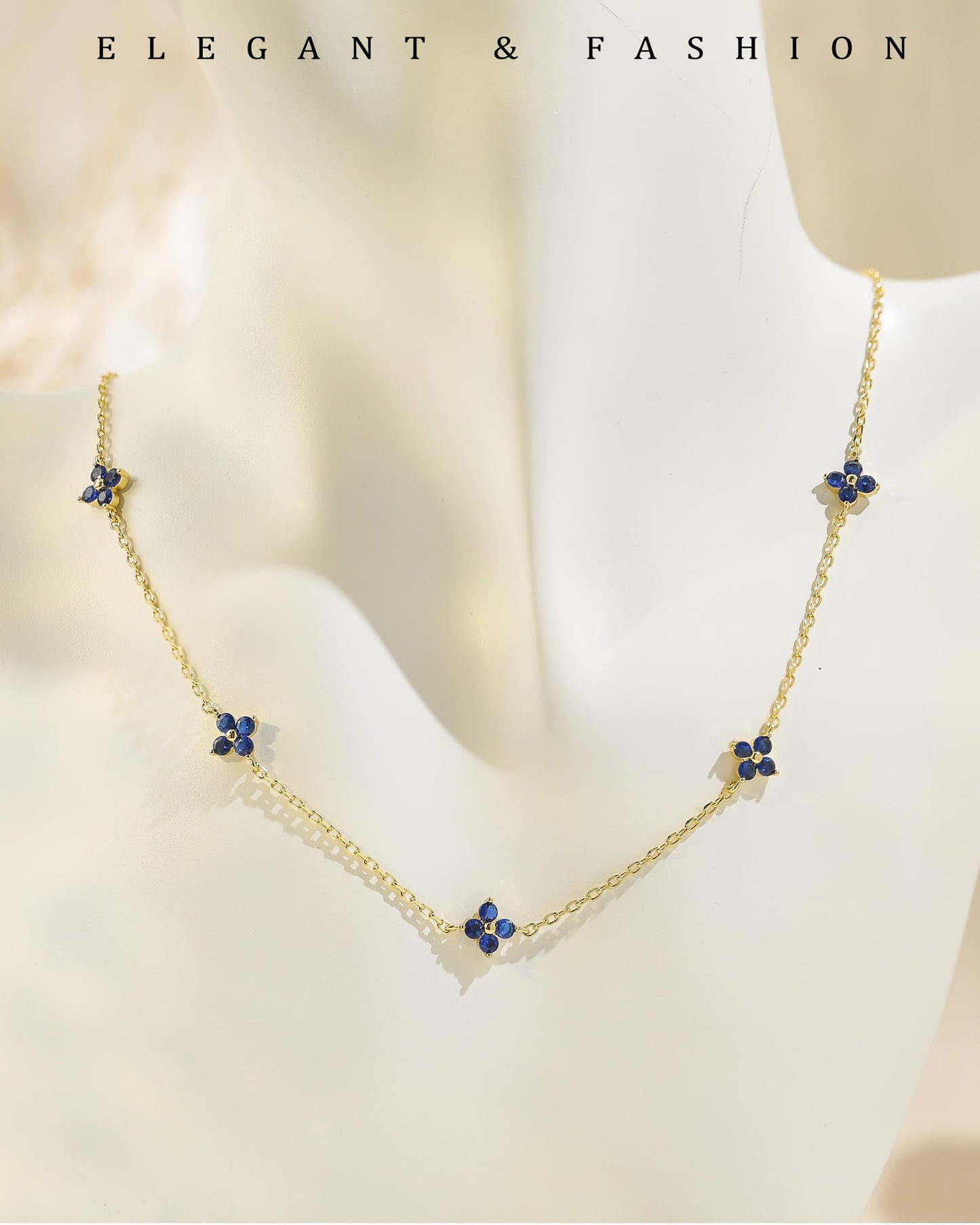 ZHESHY Birthstone Gold Necklace for Women Dainty Non Tarnish 14K Gold Plated Clover Necklaces Sapphire Blue CZ Station Choker Necklace Birthday Gifts Womens Gold Jewelry